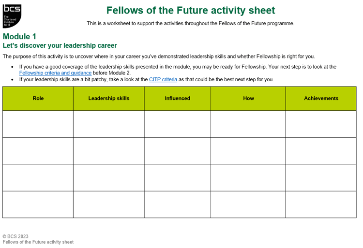 Fellows of the Future activity sheet